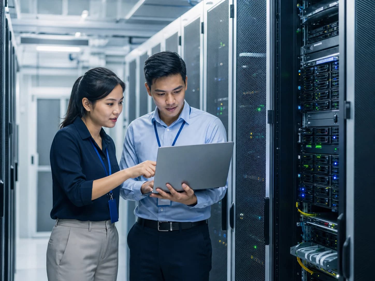 Illustrative scene of IT engineers reviewing enterprise server infrastructure